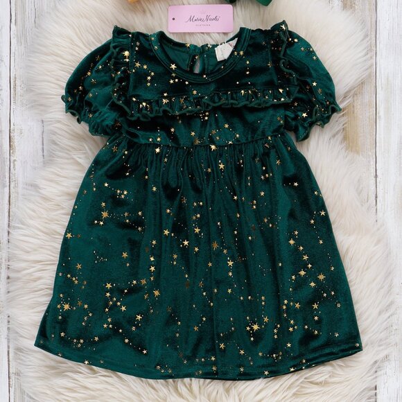Marie Nicole Clothing Emerald Starry Night Velvet Ruffle Dress Size 8 - Picture 2 of 6